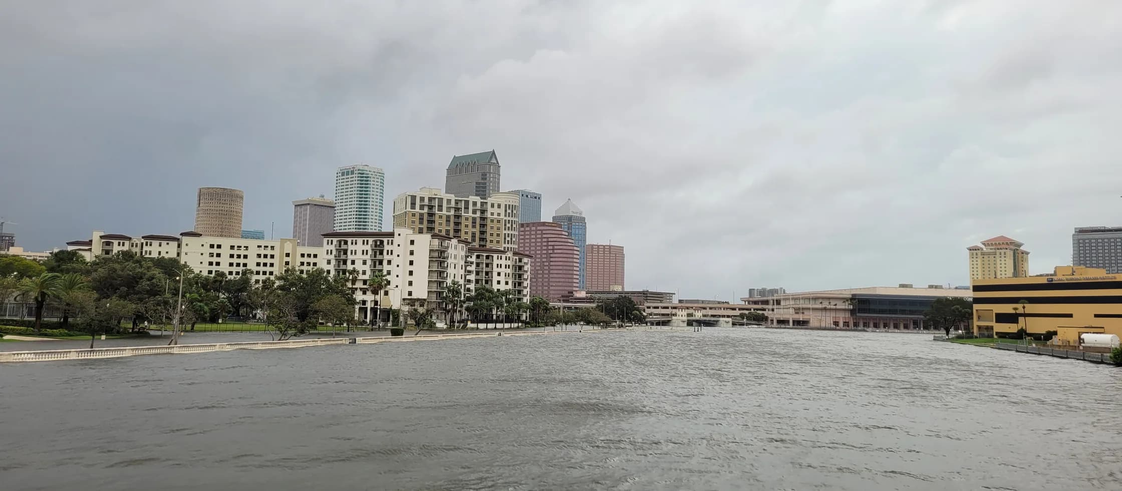 Photograph of Tampa, Florida, United States: Hurricane Idalia storm surge with downtown Tampa skyline